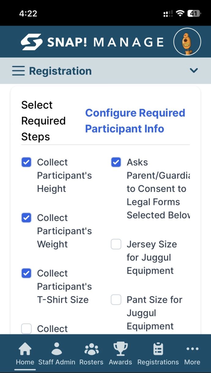 Sports registration participant information in Snap! Manage