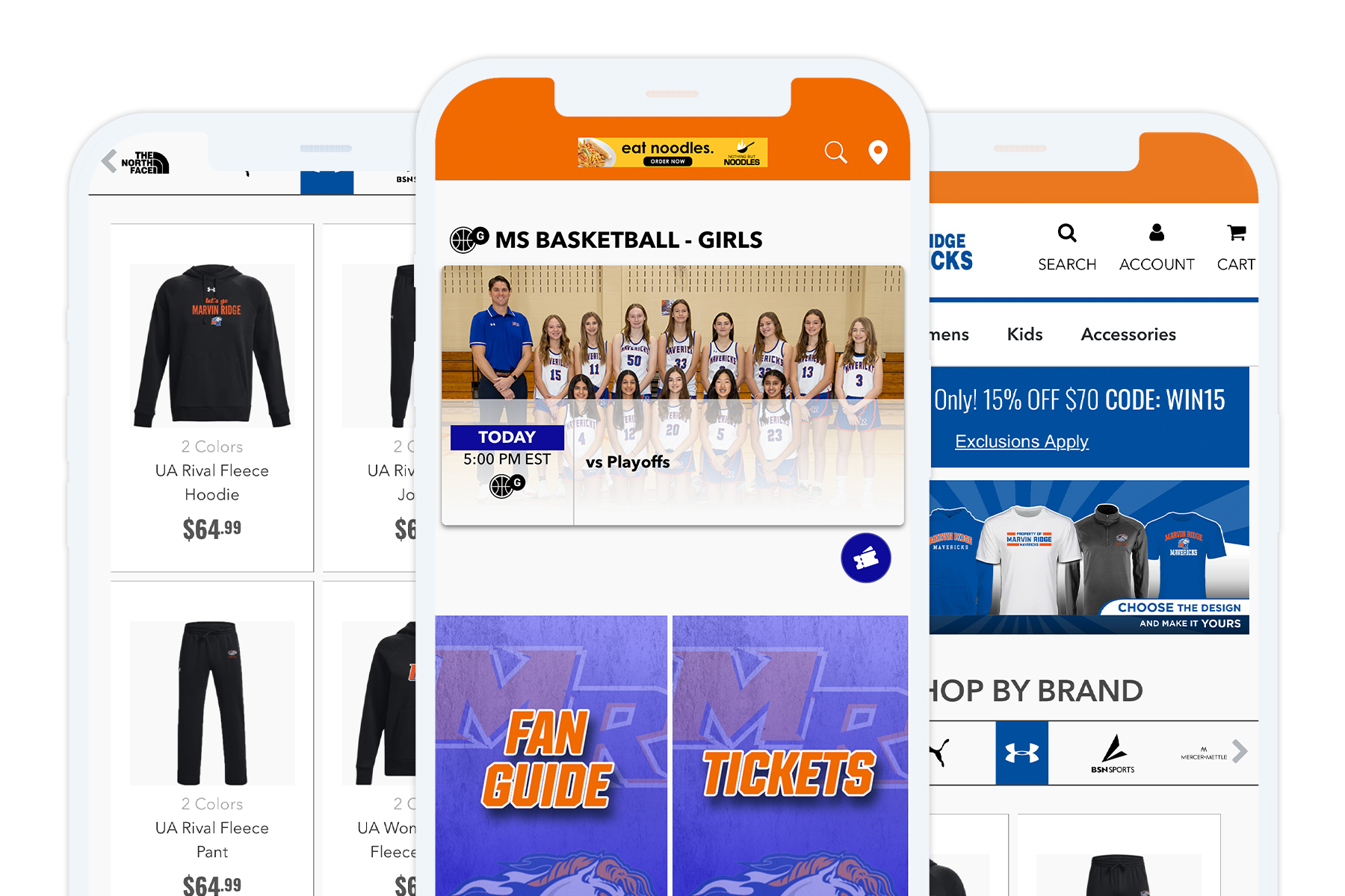 3 screenshots of FanX app for basketball