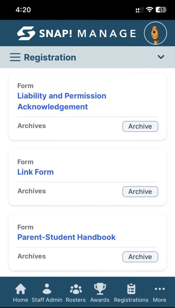Sports registration forms in Snap Manage