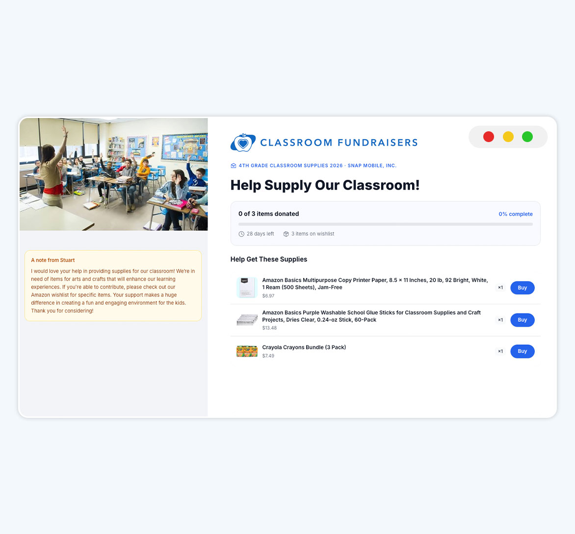 ClassroomFundraisers_Lander-Dashboard Classroom Fundraisers dashboard