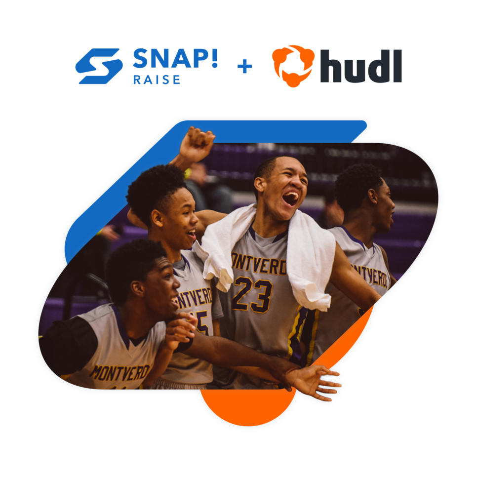 basketball team celebrating with snap raise and hudl logo above it