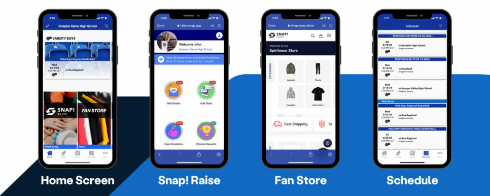 Snap! Mobile Home, Raise, Fan Store, and Schedule screens