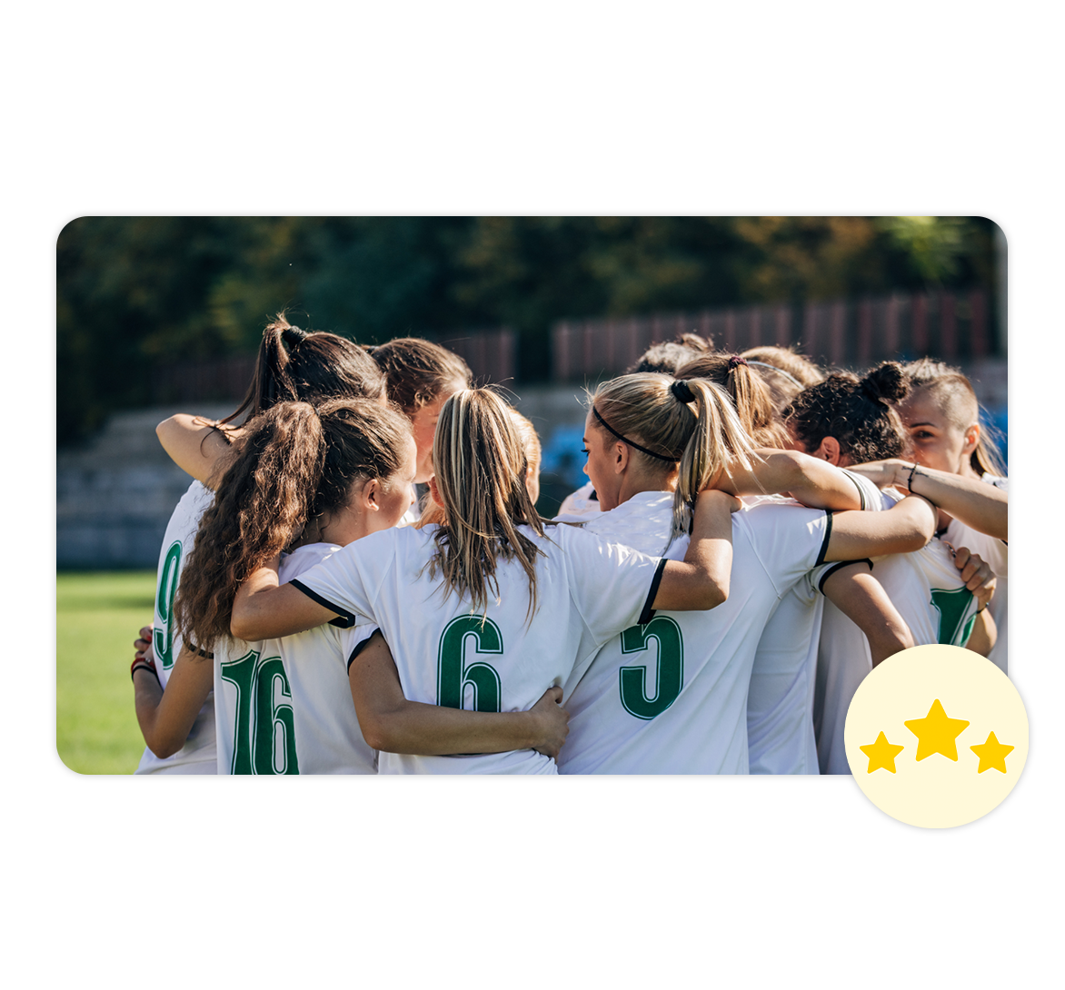 Soccer team huddling up, points icon