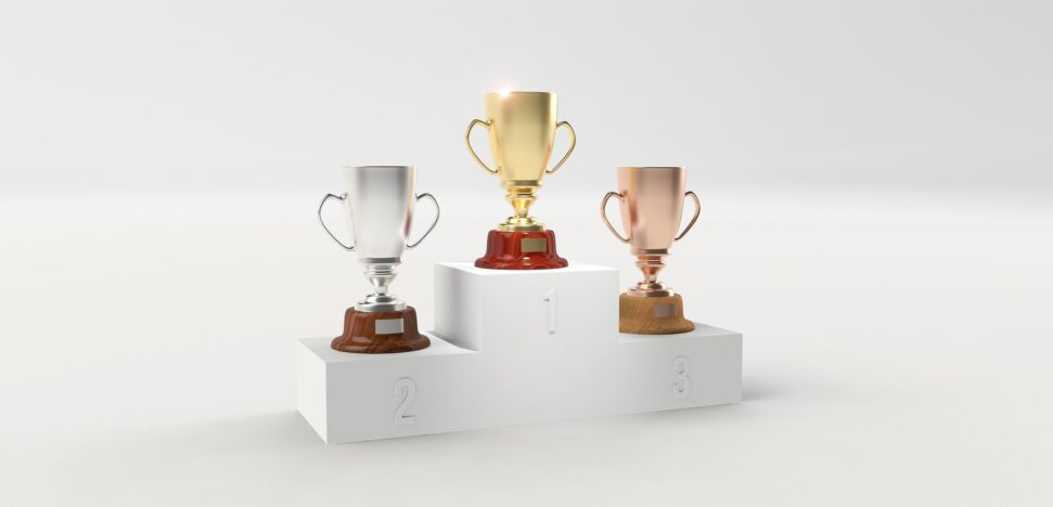 Gold, silver, and bronze trophies