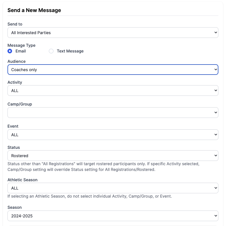 screenshot of messaging to coaches in the Registration product