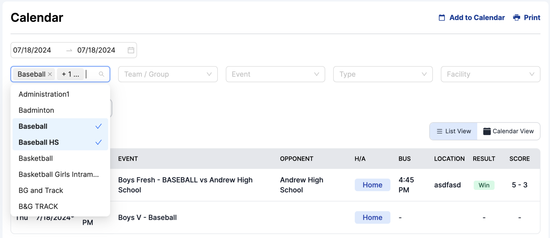 screenshot of School Sites calendar feature